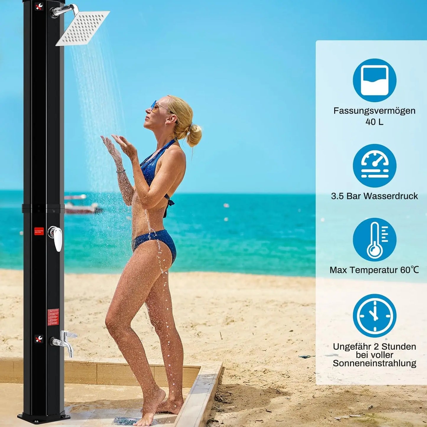 H 225cm Solar Powered Freestanding 40L Outdoor 360° Shower head and Footwash Spout,Temperature Controlled up to 60°C,with cover
