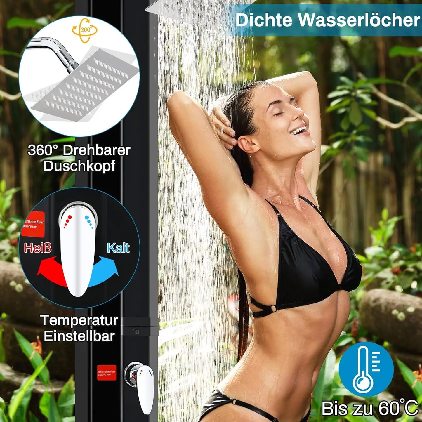 H 225cm Solar Powered Freestanding 40L Outdoor 360° Shower head and Footwash Spout,Temperature Controlled up to 60°C,with cover