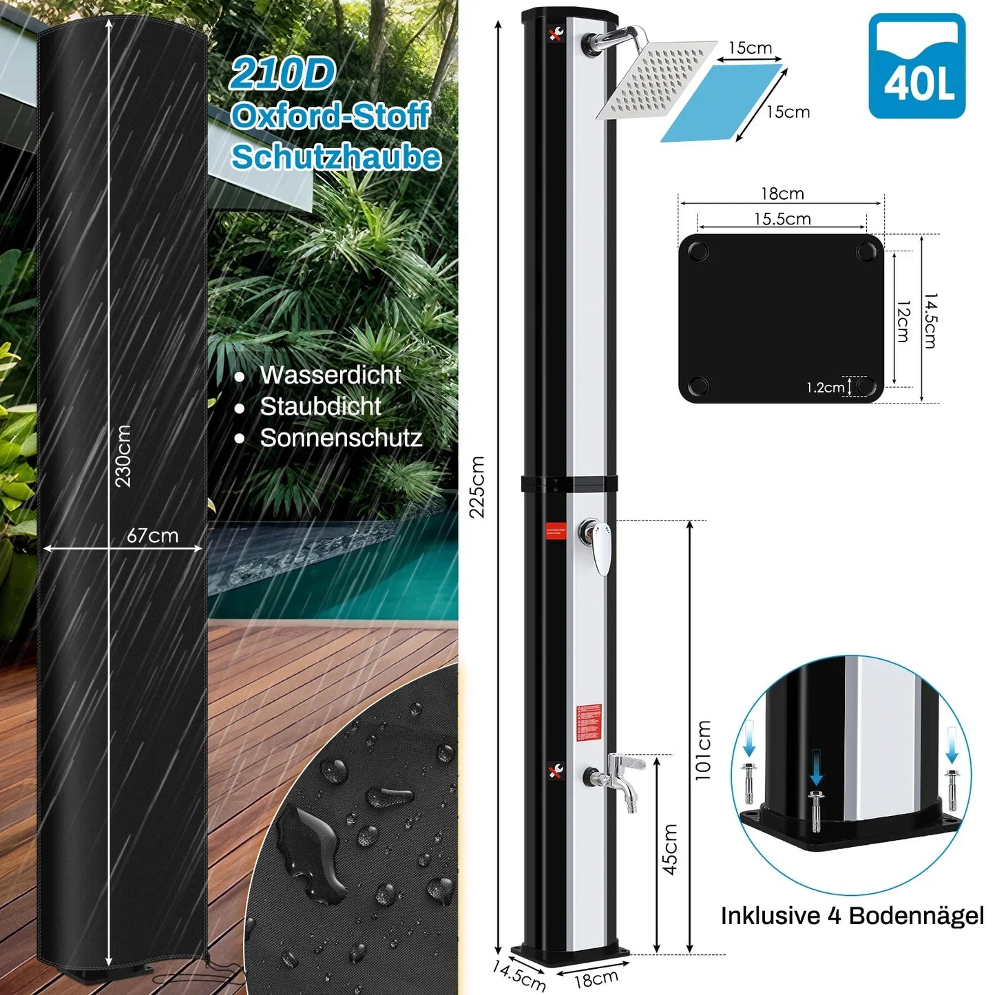 35L/40L Solar Heated Shower with Shower Head, Foot Shower Tap for Outdoor Backyard Poolside Beach Pool Spa Outdoor Camping