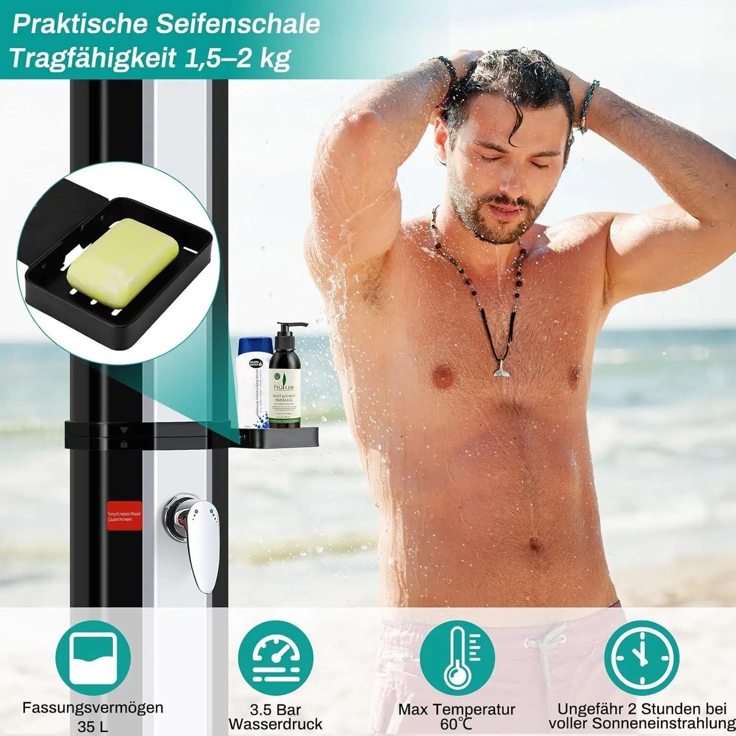35L/40L Solar Heated Shower with Shower Head, Foot Shower Tap for Outdoor Backyard Poolside Beach Pool Spa Outdoor Camping