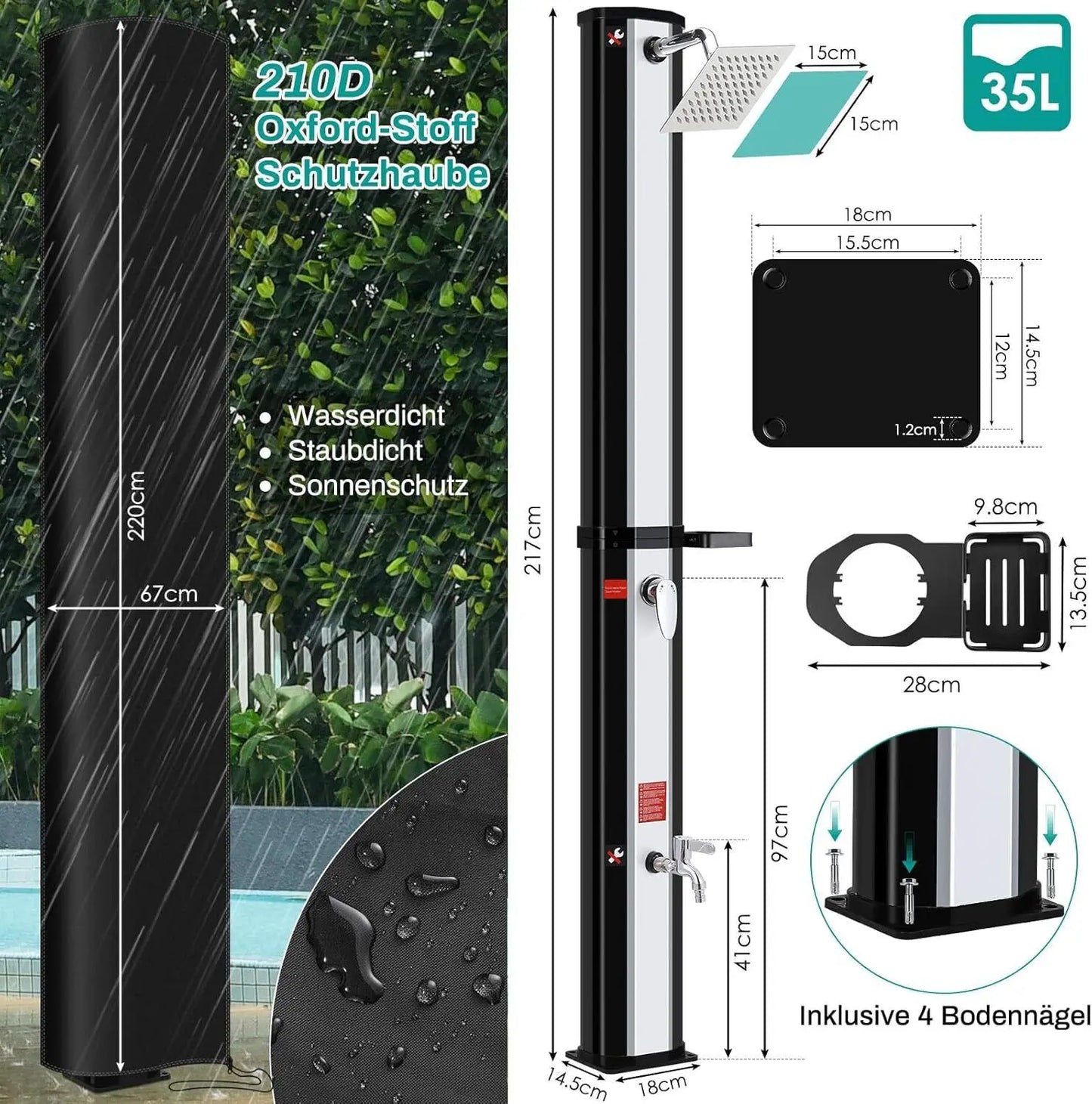 35L/40L Solar Heated Shower with Shower Head, Foot Shower Tap for Outdoor Backyard Poolside Beach Pool Spa Outdoor Camping