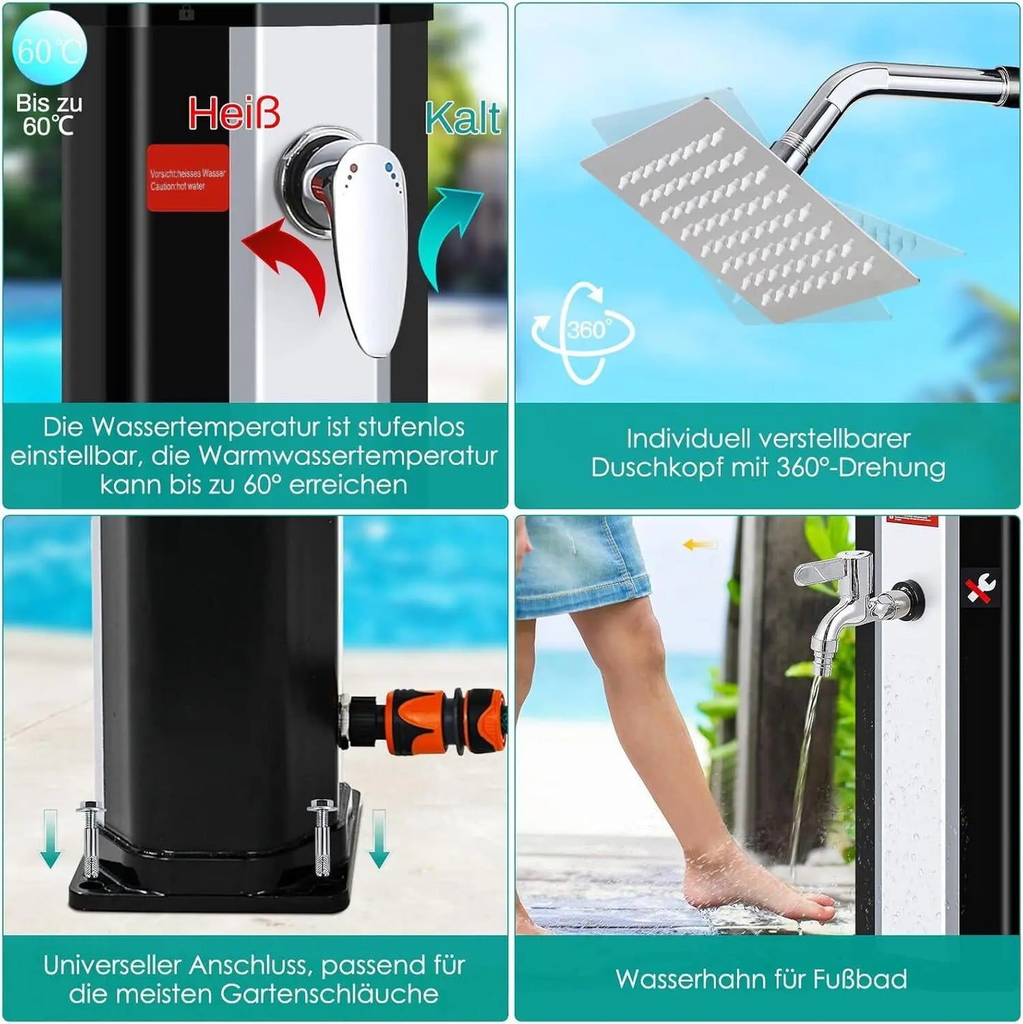 35L/40L Solar Heated Shower with Shower Head, Foot Shower Tap for Outdoor Backyard Poolside Beach Pool Spa Outdoor Camping