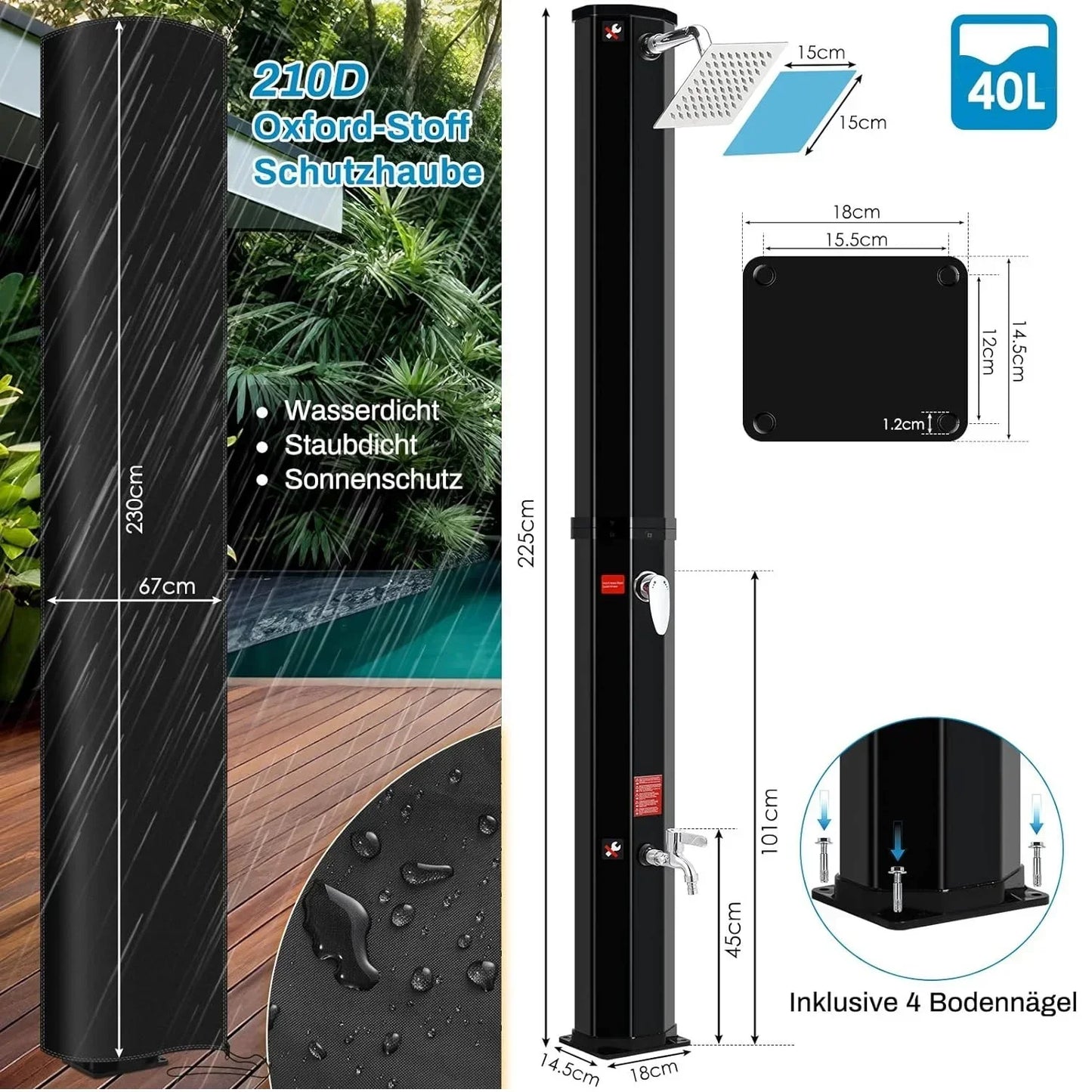 35L/40L Solar Heated Shower with Shower Head, Foot Shower Tap for Outdoor Backyard Poolside Beach Pool Spa Outdoor Camping