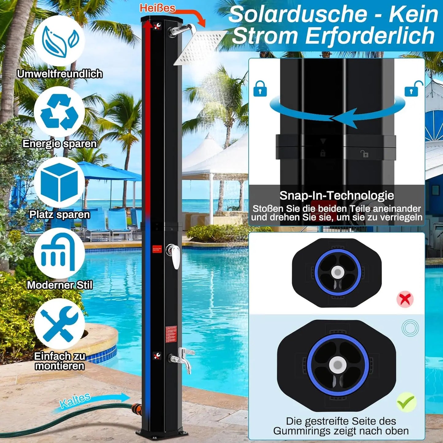 H 225cm Solar Powered Freestanding 40L Outdoor 360° Shower head and Footwash Spout,Temperature Controlled up to 60°C,with cover