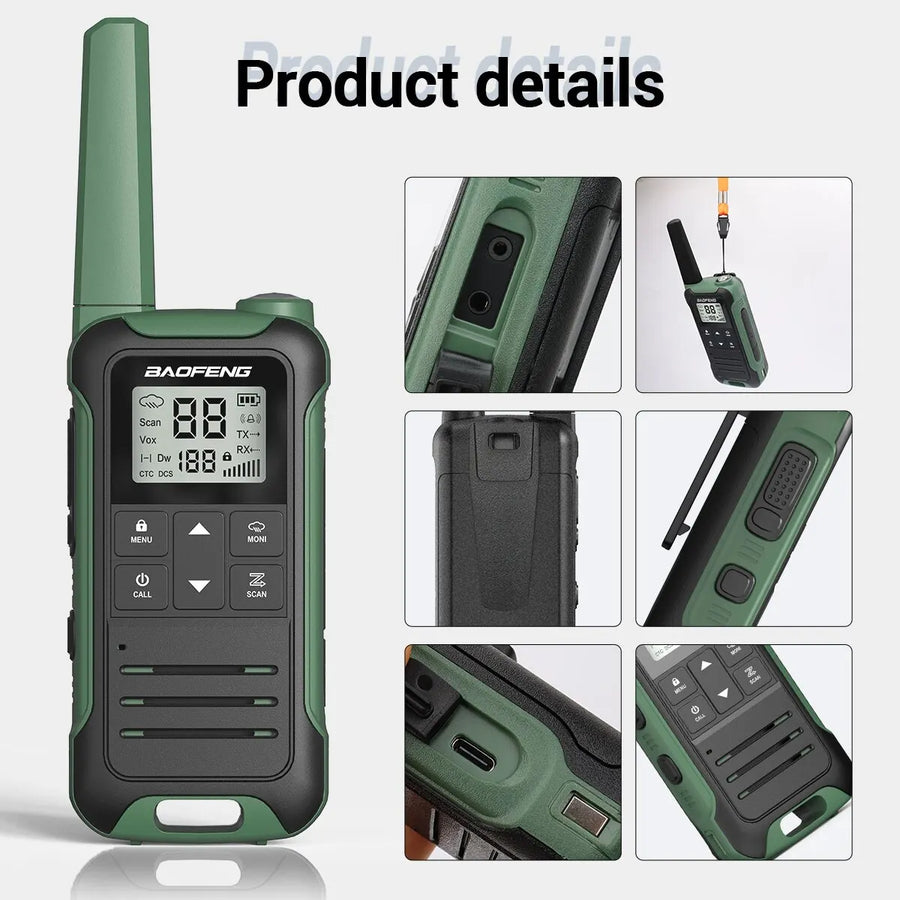 2pcs Mini Walkie Talkie PMR FRS Long Range Rechargable Portable Kids Two Way Radio Type-C Charger for Camping Trip