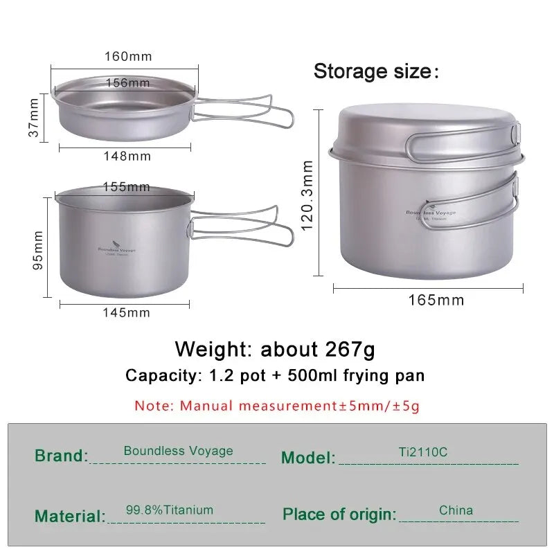 Boundless Voyage Titanium Pot Pan Set with Folding Handles Camping Cookware Hiking Outdoor Tableware