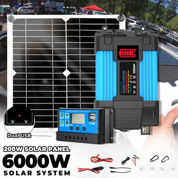 Best Off Grid Solar Kit 110V/220V 6000W Inverter 30A Controller Car Solar Power Bank System 200W 5V Solar Panel Camping for Home Plug