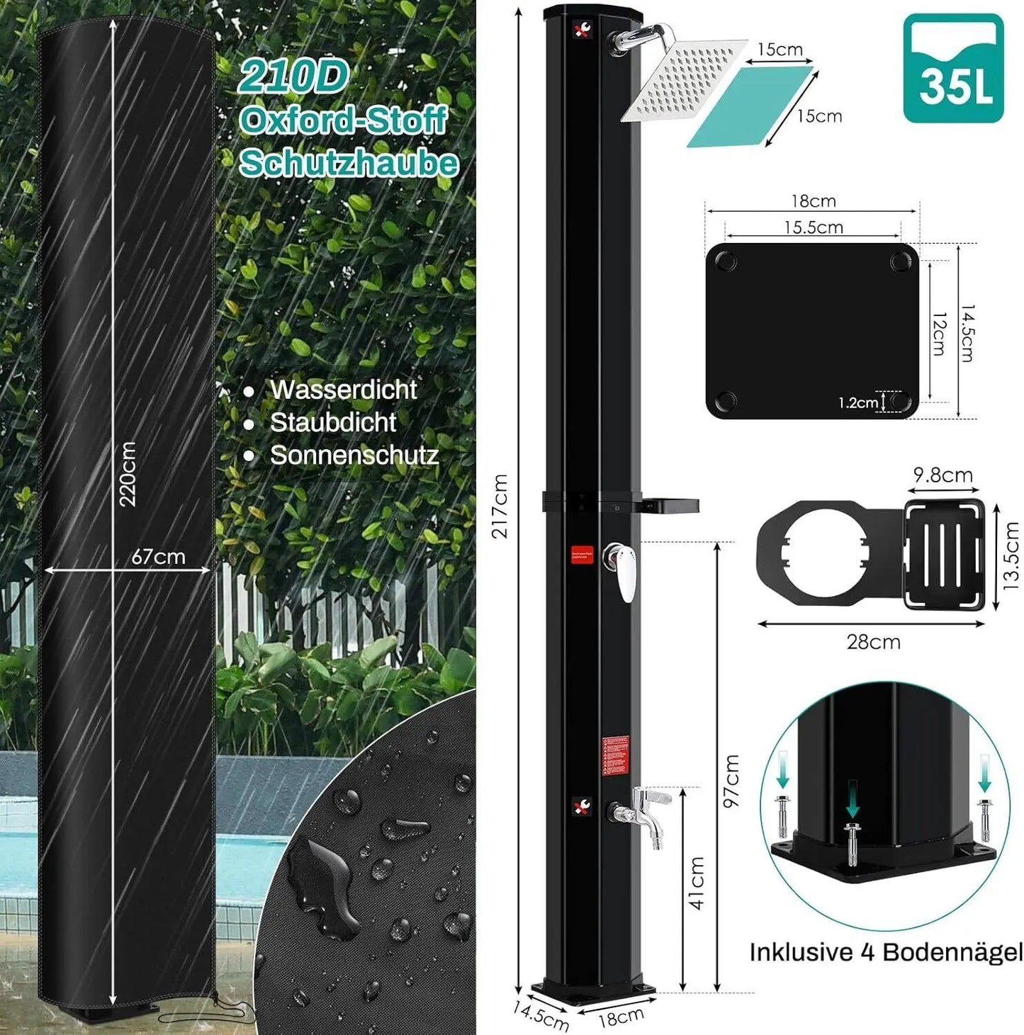 35L/40L Solar Heated Shower with Shower Head, Foot Shower Tap for Outdoor Backyard Poolside Beach Pool Spa Outdoor Camping