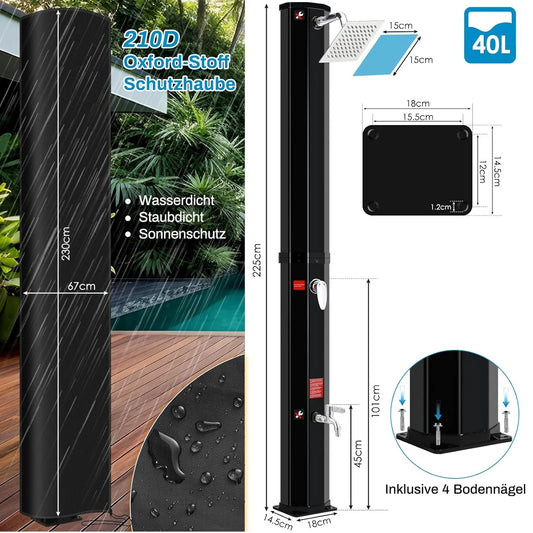 H 225cm Solar Powered Freestanding 40L Outdoor 360° Shower head and Footwash Spout,Temperature Controlled up to 60°C,with cover