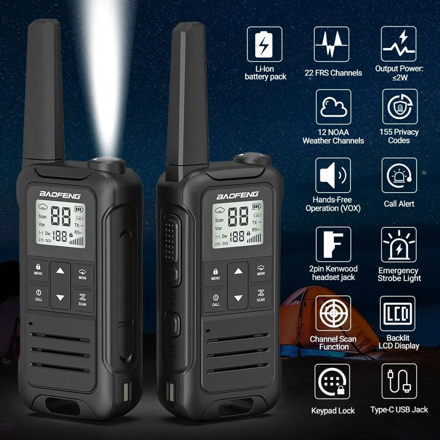 2pcs Mini Walkie Talkie PMR FRS Long Range Rechargable Portable Kids Two Way Radio Type-C Charger for Camping Trip