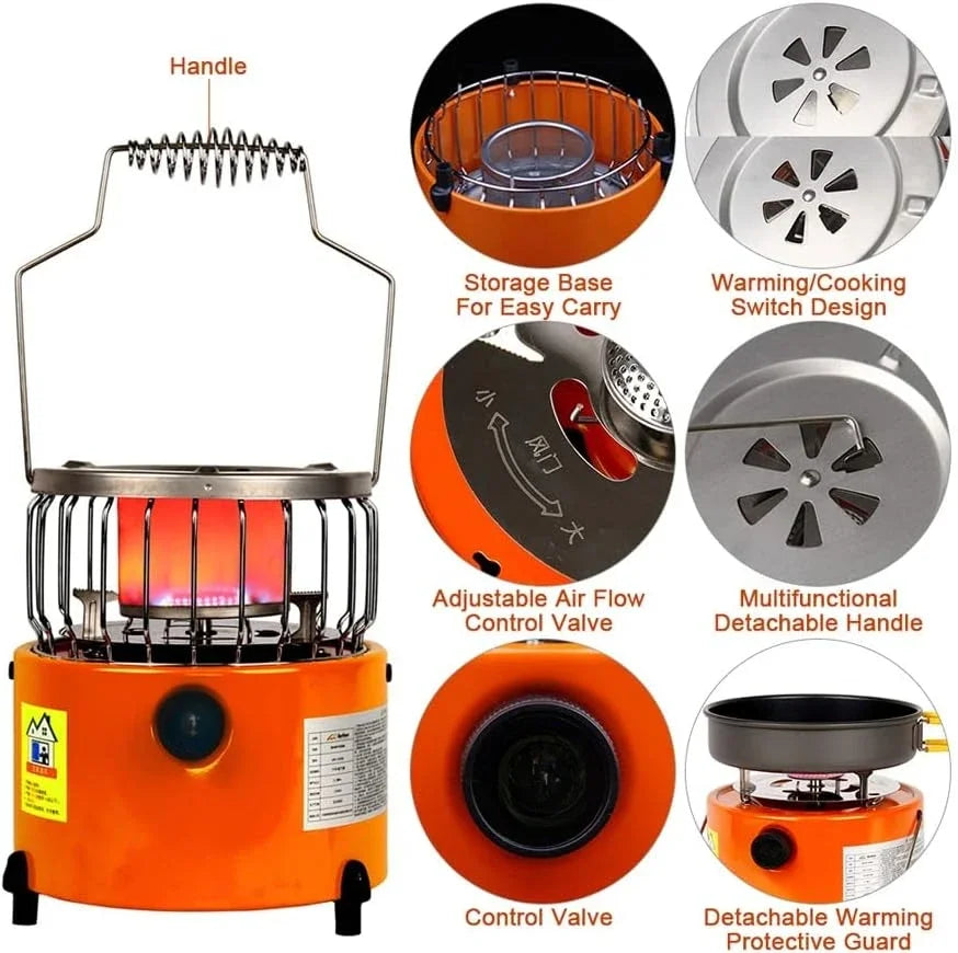 2 in 1 Portable Propane Heater Gas Stove Outdoor Camping Stove Tent Heater Equipment for Ice Fishing Hiking Survival Emergency