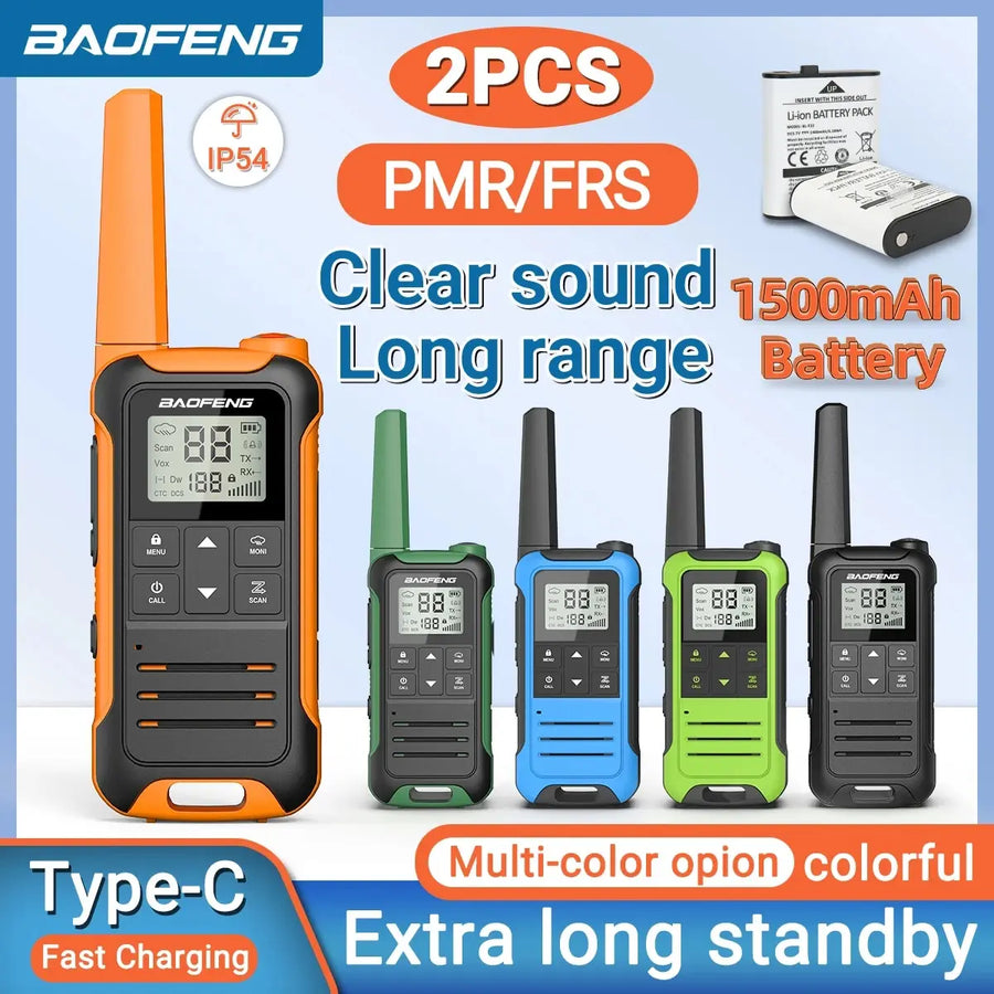 2pcs Mini Walkie Talkie PMR FRS Long Range Rechargable Portable Kids Two Way Radio Type-C Charger for Camping Trip